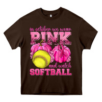Chocolate Brown In October We Wear Pink and Watch Softball Heavy Core Tee - texasbilliewilder