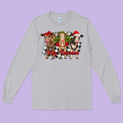 Feliz Navidad Heifers Front View Long Sleeve Tee Designed By Ranaportraitstore
