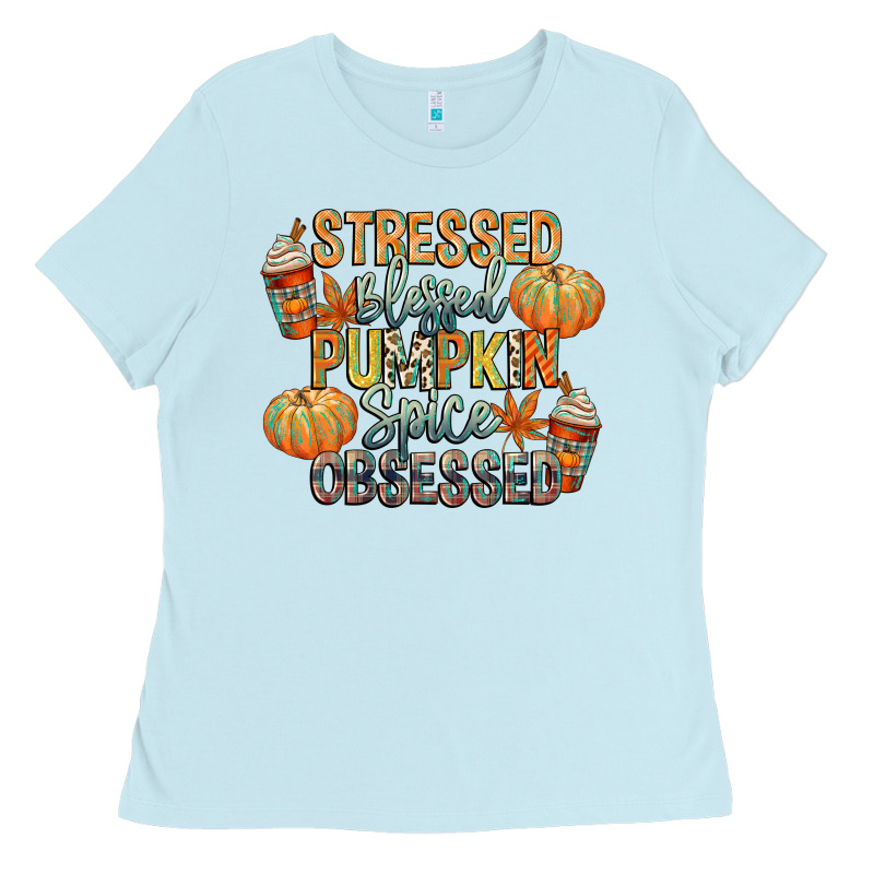 Stressed Blessed Pumpkin Spice Obsessed Ladies Tee by CowGirlArtShop | Teevron