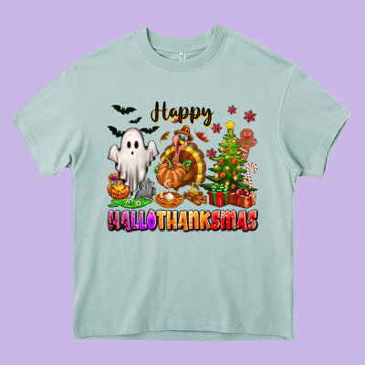 Happy Hallothanksmas With Ghost Turkey And Tree Heavy Core Tee Designed By Texasbilliewilder