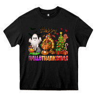 Black Happy Hallothanksmas with ghost turkey and tree Heavy Core Tee - texasbilliewilder