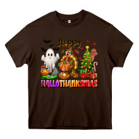 Chocolate Brown Happy Hallothanksmas with ghost turkey and tree Heavy Core Tee - texasbilliewilder