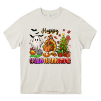 Cream Happy Hallothanksmas with ghost turkey and tree Heavy Core Tee - texasbilliewilder