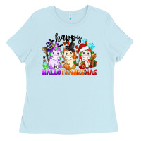 Baby Blue happy hallothanksmas unicorn Ladies Tee - CowGirlArtShop