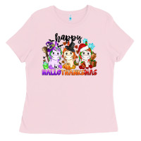 Bubblegum Pink happy hallothanksmas unicorn Ladies Tee - CowGirlArtShop