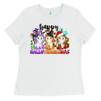 White happy hallothanksmas unicorn Ladies Tee - CowGirlArtShop