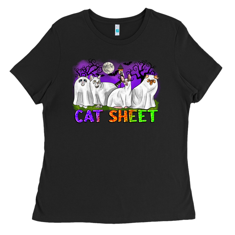 Cat Sheet Ghost Cats Halloween Ladies Tee by CowGirlArtShop | Teevron