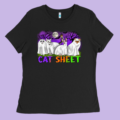 Cat Sheet Ghost Cats Halloween Ladies Tee Designed By Cowgirlartshop