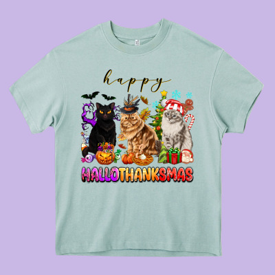 Happy Hallothanksmas Cats Heavy Core Tee Designed By Texasbilliewilder