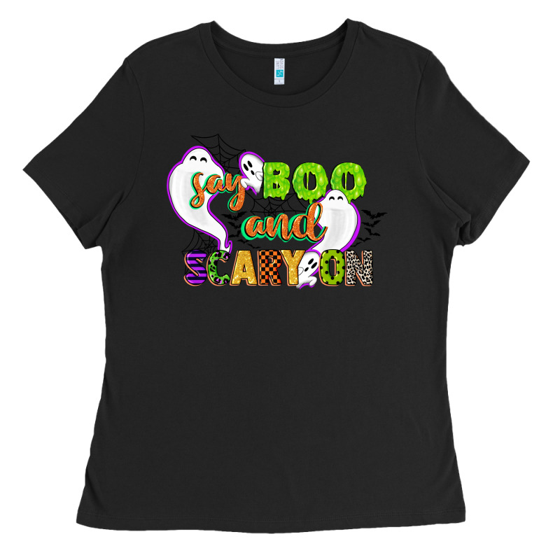 Say Boo And Scary On Ladies Tee by CowGirlArtShop | Teevron