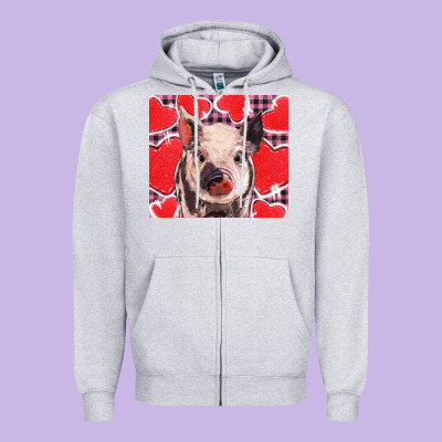 Valentine's Day Glitter Hearts Pig Zipper Hoodie Designed By Barkaloodesign