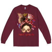 Burgundy nail queen messy bun with crown bbs Long Sleeve Tee - BundleAndBundleShop
