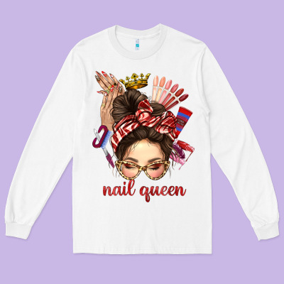 Nail Queen Messy Bun With Crown Bbs Long Sleeve Tee Designed By Bundleandbundleshop
