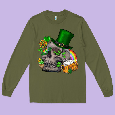 St Patrick's Day Boho Skull Long Sleeve Tee Designed By Fadigitalartstudio