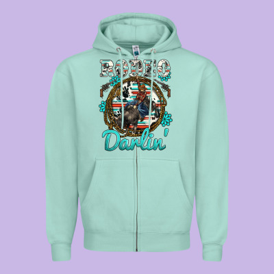 Western Rodeo Darlin' Bullfighter Serape Cowhide Turquoise Gemstones Zipper Hoodie Designed By Barkaloodesign