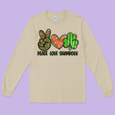 Peace Love Shamrock Long Sleeve Tee Designed By Fadigitalartstudio