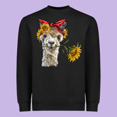 Alpaca With Sunflowers And Bandana Heavyweight Sweatshirt Designed By Barkaloodesign