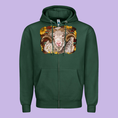 Merino Ram With Sunflowers Zipper Hoodie Designed By Barkaloodesign