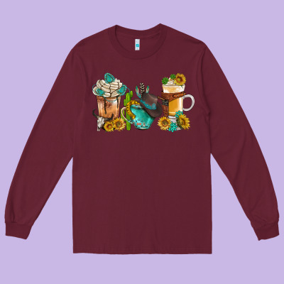 Western Coffee Cups With Sunflower And Gemstone Bbs Long Sleeve Tee Designed By Bundleandbundleshop