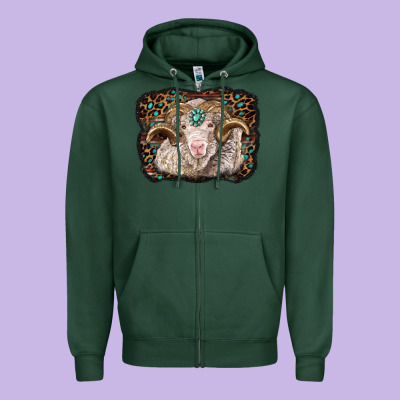 Merino Ram With Leopard Background Zipper Hoodie Designed By Barkaloodesign