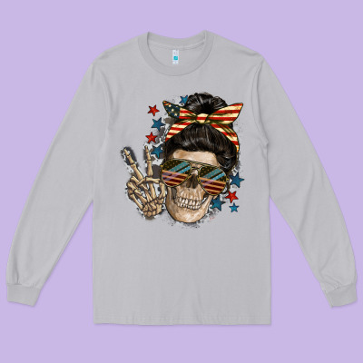 American Mother Skull Mother's Day Long Sleeve Tee Designed By Fadigitalartstudio