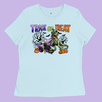 Trick Or Treat With Monster Truck And T Rex Ladies Tee Designed By Cowgirlartshop
