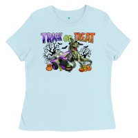 Baby Blue trick or treat with monster truck and t rex Ladies Tee - CowGirlArtShop