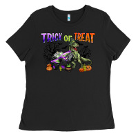 Black trick or treat with monster truck and t rex Ladies Tee - CowGirlArtShop