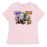 Bubblegum Pink trick or treat with monster truck and t rex Ladies Tee - CowGirlArtShop