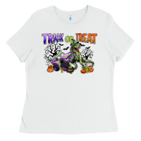 White trick or treat with monster truck and t rex Ladies Tee - CowGirlArtShop