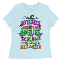 Baby Blue witches monsters goblins and screams its almost halloween Ladies Tee - CowGirlArtShop
