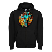 Black western turquoise's leopard cross  wooden aztek sunflowers background Zipper Hoodie - BarkalooDesign