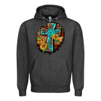 Charcoal Heather western turquoise's leopard cross  wooden aztek sunflowers background Zipper Hoodie - BarkalooDesign
