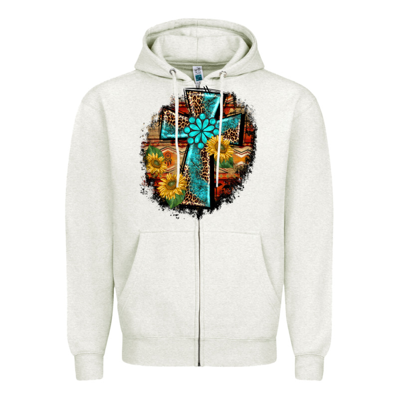 Western Turquoise's Leopard Cross  Wooden Aztek Sunflowers Background Zipper Hoodie by BarkalooDesign | Teevron