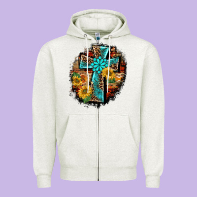 Western Turquoise's Leopard Cross  Wooden Aztek Sunflowers Background Zipper Hoodie Designed By Barkaloodesign