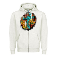 Oatmeal Heather western turquoise's leopard cross  wooden aztek sunflowers background Zipper Hoodie - BarkalooDesign