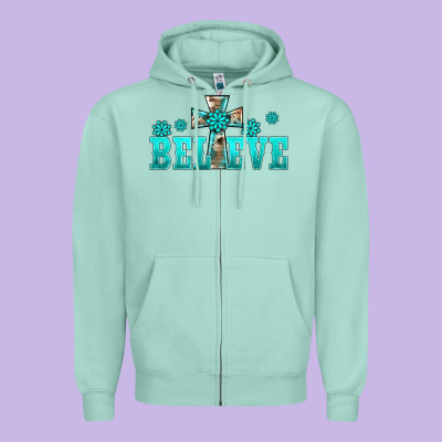 Western Turquoise's Gemstones Cross Believe Zipper Hoodie Designed By Barkaloodesign