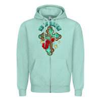 Seafoam he is risen cross with roses Zipper Hoodie - BarkalooDesign