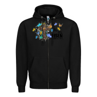 Black he is risen matthew 28 6 cross with butterflies cowhide background Zipper Hoodie - BarkalooDesign