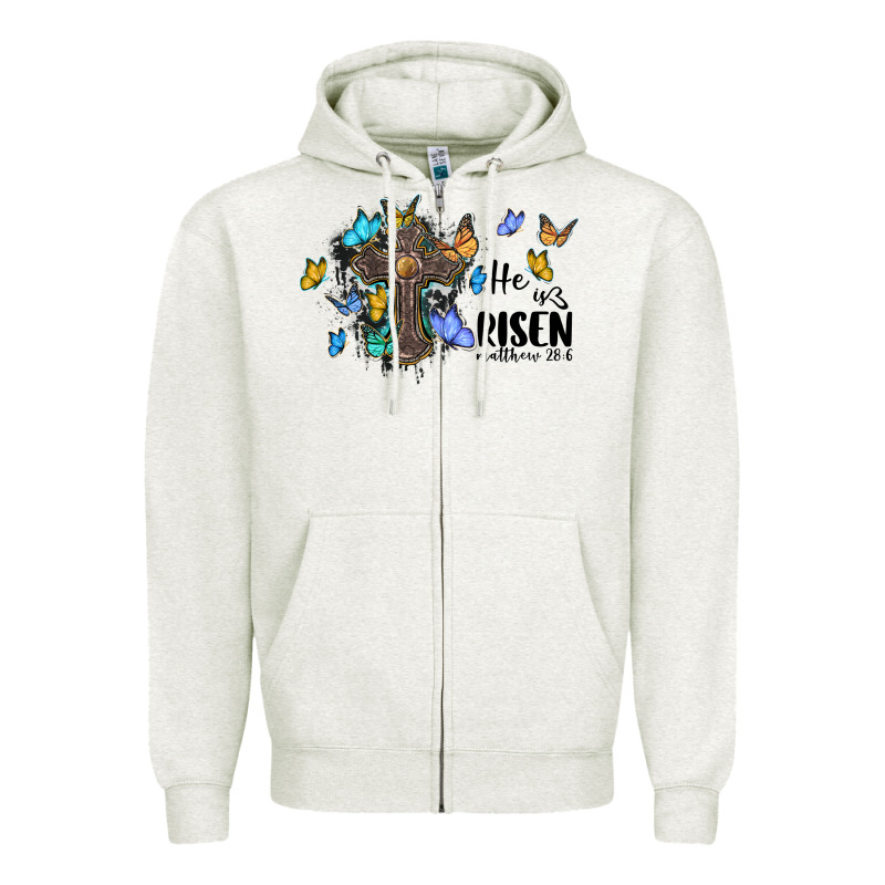 He Is Risen Matthew 28 6 Cross With Butterflies Cowhide Background Zipper Hoodie by BarkalooDesign | Teevron
