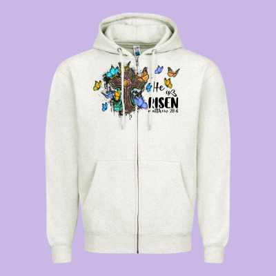 He Is Risen Matthew 28 6 Cross With Butterflies Cowhide Background Zipper Hoodie Designed By Barkaloodesign