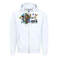 White he is risen matthew 28 6 cross with butterflies cowhide background Zipper Hoodie - BarkalooDesign