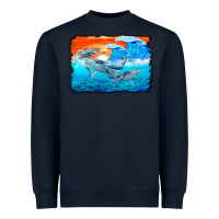 Navy humpback whale and wave background Heavyweight Sweatshirt - BarkalooDesign