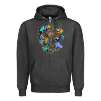 Charcoal Heather cross with butterflies cowhide background Zipper Hoodie - BarkalooDesign