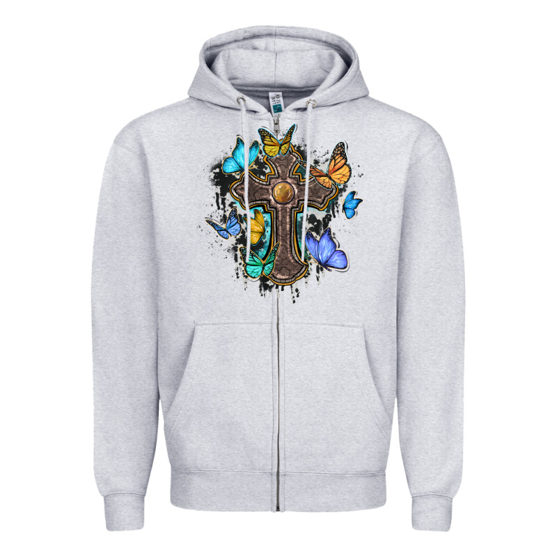 Cross With Butterflies Cowhide Background Zipper Hoodie by BarkalooDesign | Teevron