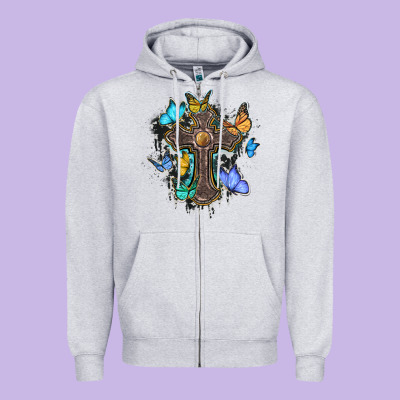 Cross With Butterflies Cowhide Background Zipper Hoodie Designed By Barkaloodesign