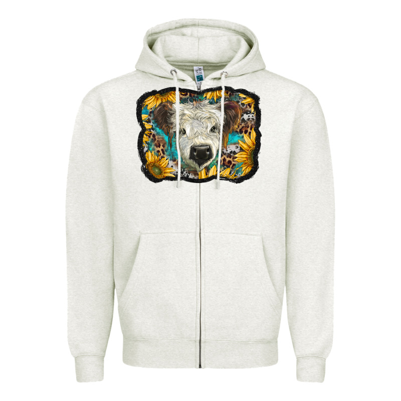 White Scottish Calf With Sunflowers Western  Background Zipper Hoodie by BarkalooDesign | Teevron