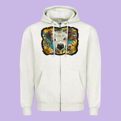 White Scottish Calf With Sunflowers Western  Background Zipper Hoodie Designed By Barkaloodesign