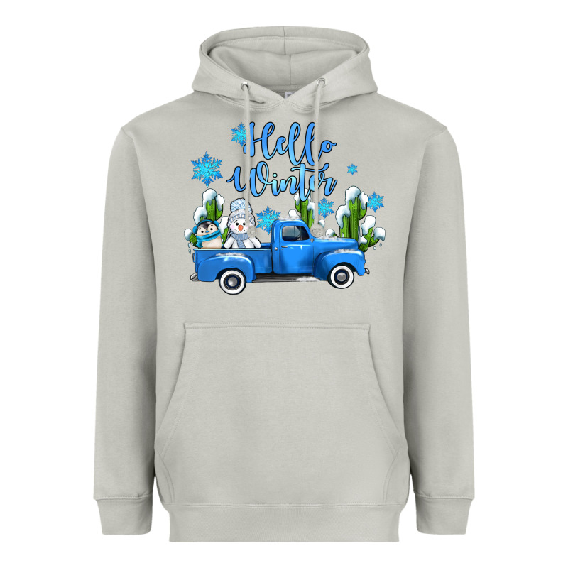 Hello Winter With Sniwman And  Truck Heavyweight Hoodie by AdoDesignShop | Teevron