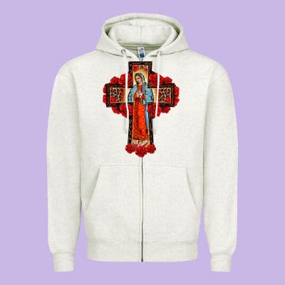 Lady Of Guadalupe Rose Cross, Zipper Hoodie Designed By Barkaloodesign